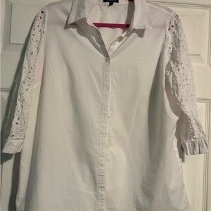 White Button-Front Eyelet Sleeve Women's Top